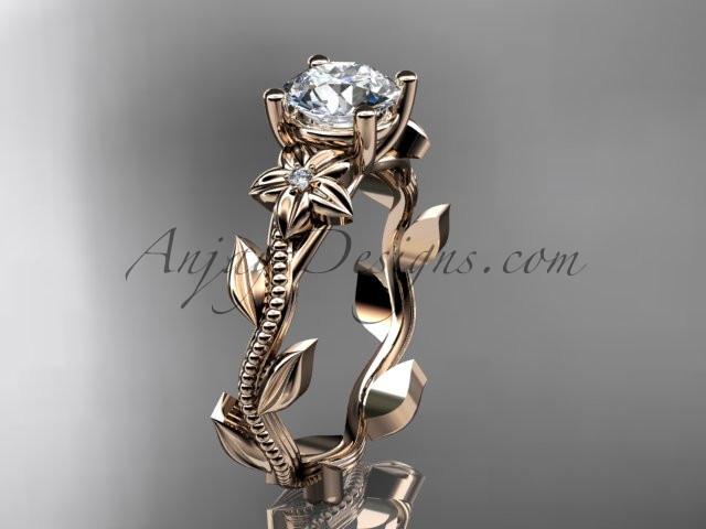 Unique 14kt rose gold diamond flower, leaf and vine wedding ring,engagement ring with a "Forever One" Moissanite center stone ADLR238 - AnjaysDesigns