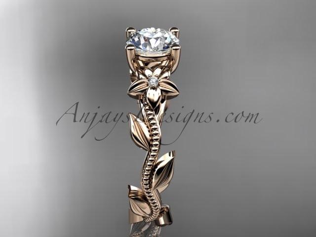 Unique 14kt rose gold diamond flower, leaf and vine wedding ring,engagement ring with a "Forever One" Moissanite center stone ADLR238 - AnjaysDesigns