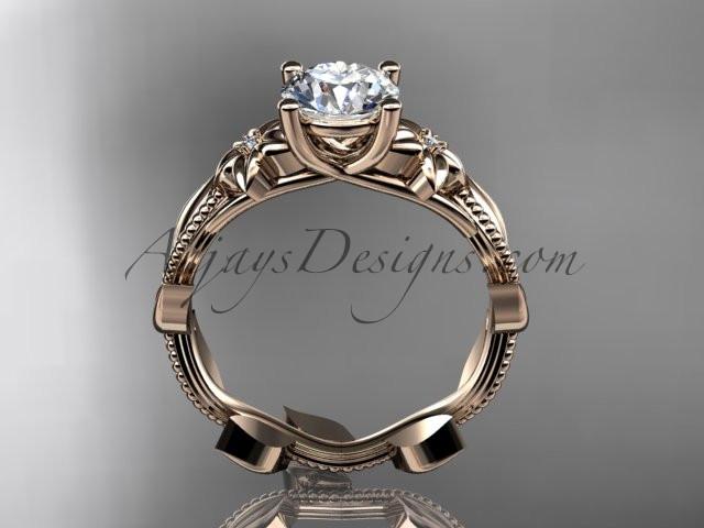 Unique 14kt rose gold diamond flower, leaf and vine wedding ring,engagement ring with a "Forever One" Moissanite center stone ADLR238 - AnjaysDesigns