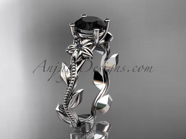 Unique platinum diamond flower, leaf and vine wedding ring, engagement ring with a Black Diamond center stone ADLR238 - AnjaysDesigns