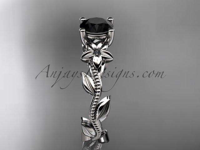 Unique platinum diamond flower, leaf and vine wedding ring, engagement ring with a Black Diamond center stone ADLR238 - AnjaysDesigns