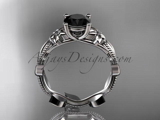 Unique platinum diamond flower, leaf and vine wedding ring, engagement ring with a Black Diamond center stone ADLR238 - AnjaysDesigns