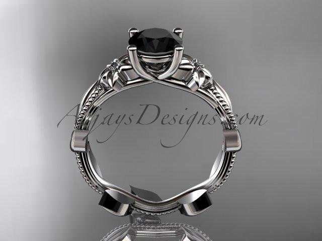 Unique 14kt white gold diamond flower, leaf and vine wedding ring,engagement ring with a Black Diamond center stone ADLR238 - AnjaysDesigns