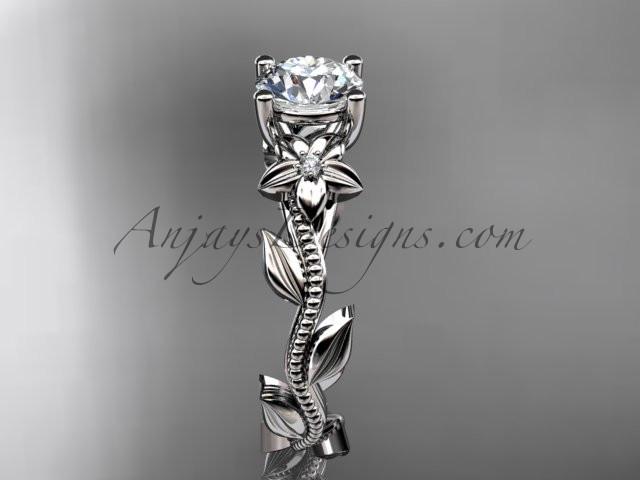 Unique Platinum diamond flower, leaf and vine wedding ring,engagement ring with a "Forever One" Moissanite center stone ADLR238 - AnjaysDesigns