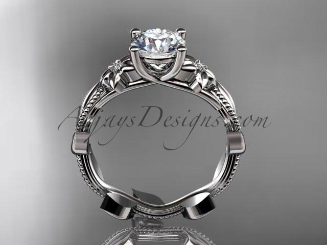 Unique 14kt white gold diamond flower, leaf and vine wedding ring,engagement ring with a "Forever One" Moissanite center stone ADLR238 - AnjaysDesigns