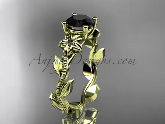 Unique 14kt yellow gold diamond flower, leaf and vine wedding ring, engagement ring with a Black Diamond center stone ADLR238 - AnjaysDesigns