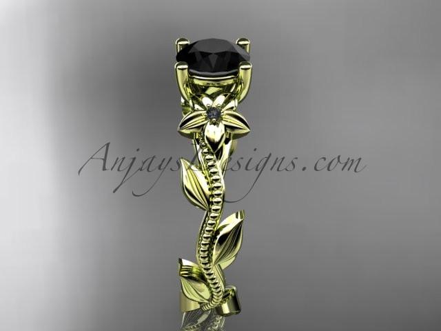 Unique 14kt yellow gold diamond flower, leaf and vine wedding ring, engagement ring with a Black Diamond center stone ADLR238 - AnjaysDesigns