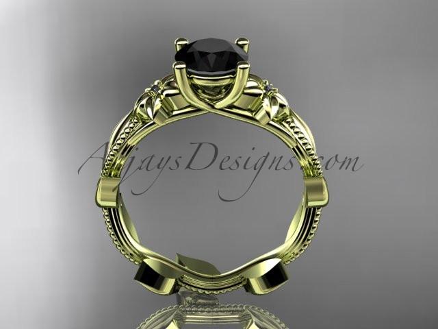 Unique 14kt yellow gold diamond flower, leaf and vine wedding ring, engagement ring with a Black Diamond center stone ADLR238 - AnjaysDesigns