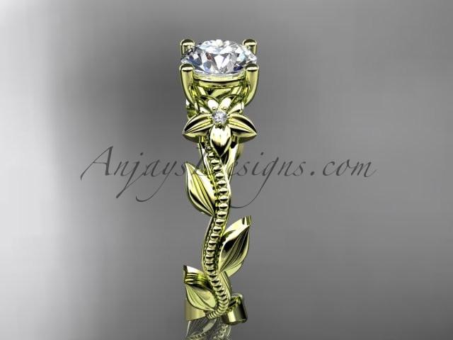 Unique 14kt yellow gold diamond flower, leaf and vine wedding ring,engagement ring with a "Forever One" Moissanite center stone ADLR238 - AnjaysDesigns