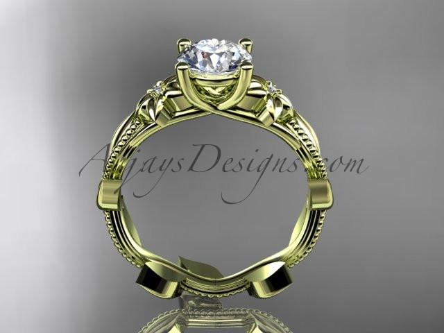 Unique 14kt yellow gold diamond flower, leaf and vine wedding ring,engagement ring with a "Forever One" Moissanite center stone ADLR238 - AnjaysDesigns