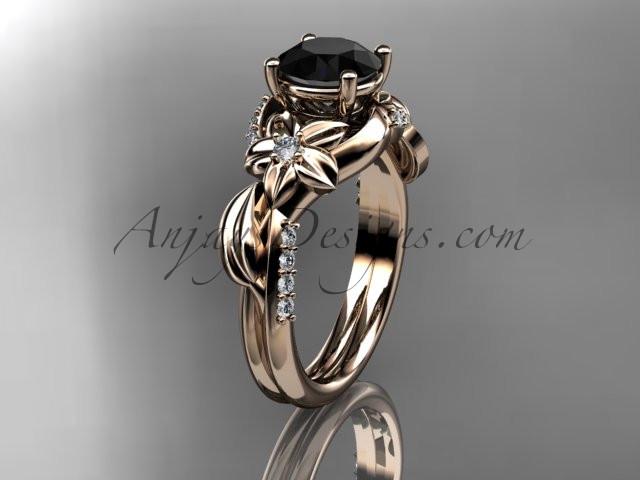 Unique 14k rose gold diamond flower, leaf and vine wedding ring, engagement ring with a Black Diamond center stone ADLR224 - AnjaysDesigns
