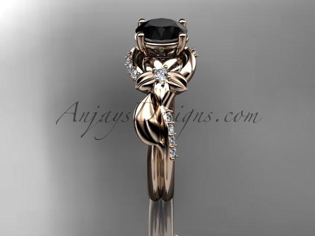 Unique 14k rose gold diamond flower, leaf and vine wedding ring, engagement ring with a Black Diamond center stone ADLR224 - AnjaysDesigns