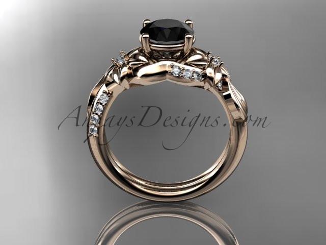 Unique 14k rose gold diamond flower, leaf and vine wedding ring, engagement ring with a Black Diamond center stone ADLR224 - AnjaysDesigns
