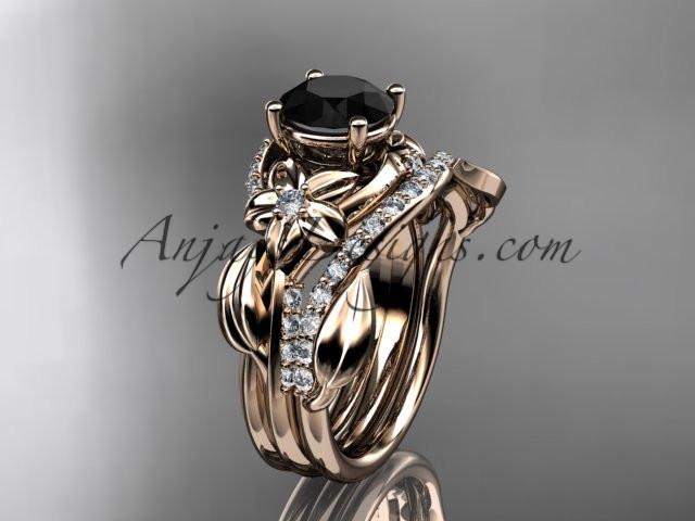 Unique 14k rose gold diamond flower, leaf and vine wedding ring, engagement set with a Black Diamond center stone ADLR224S - AnjaysDesigns