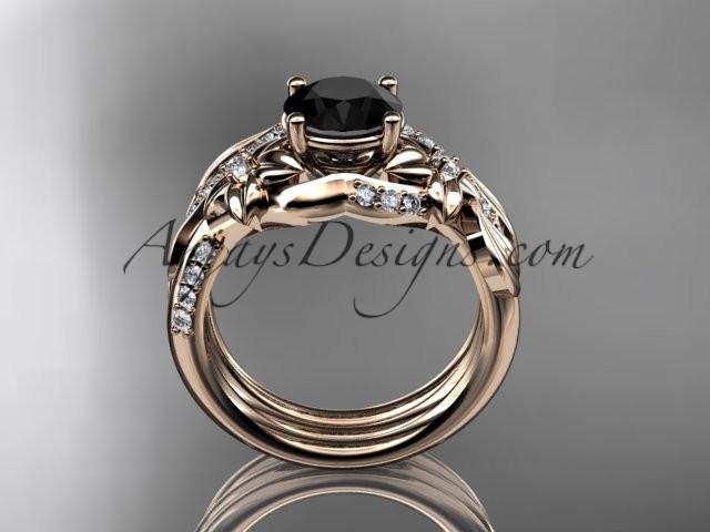 Unique 14k rose gold diamond flower, leaf and vine wedding ring, engagement set with a Black Diamond center stone ADLR224S - AnjaysDesigns