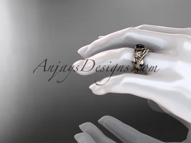 Unique 14k rose gold diamond flower, leaf and vine wedding ring, engagement set with a Black Diamond center stone ADLR224S - AnjaysDesigns