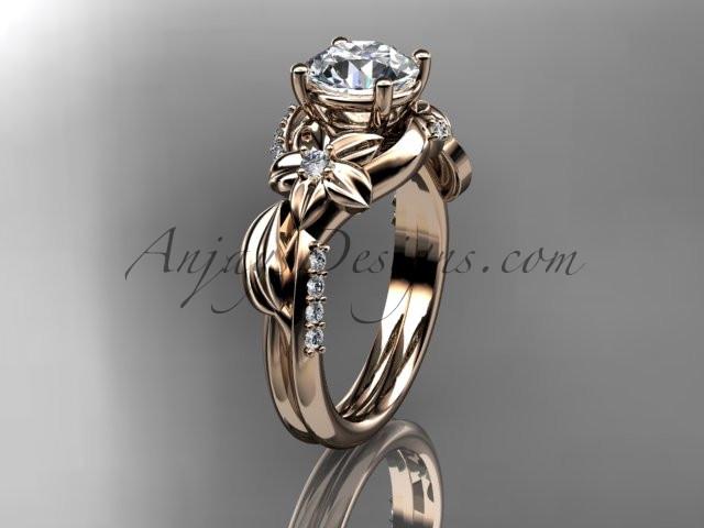 Unique 14k rose gold diamond flower, leaf and vine wedding ring, engagement ring with a "Forever One" Moissanite center stone ADLR224 - AnjaysDesigns