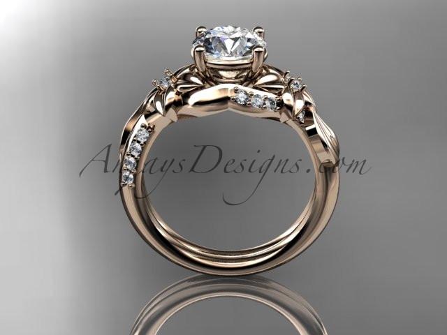 Unique 14k rose gold diamond flower, leaf and vine wedding ring, engagement ring with a "Forever One" Moissanite center stone ADLR224 - AnjaysDesigns