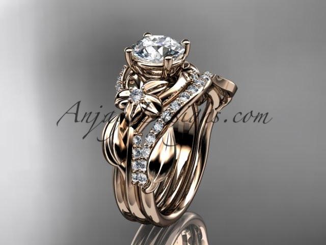 Unique 14k rose gold diamond flower, leaf and vine wedding ring, engagement set with a "Forever One" Moissanite center stone ADLR224S - AnjaysDesigns