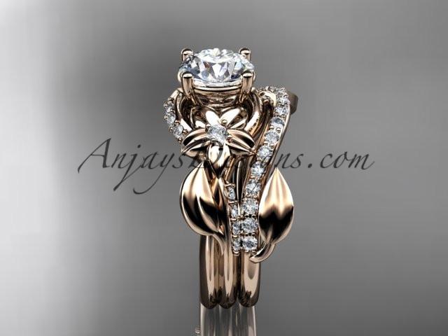 Unique 14k rose gold diamond flower, leaf and vine wedding ring, engagement set ADLR224S - AnjaysDesigns