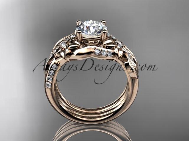 Unique 14k rose gold diamond flower, leaf and vine wedding ring, engagement set with a "Forever One" Moissanite center stone ADLR224S - AnjaysDesigns