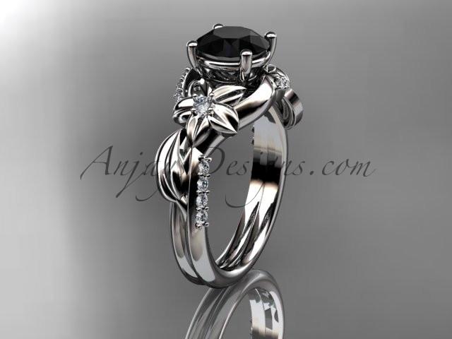 Unique Platinum diamond flower, leaf and vine wedding ring, engagement ring with a Black Diamond center stone ADLR224 - AnjaysDesigns