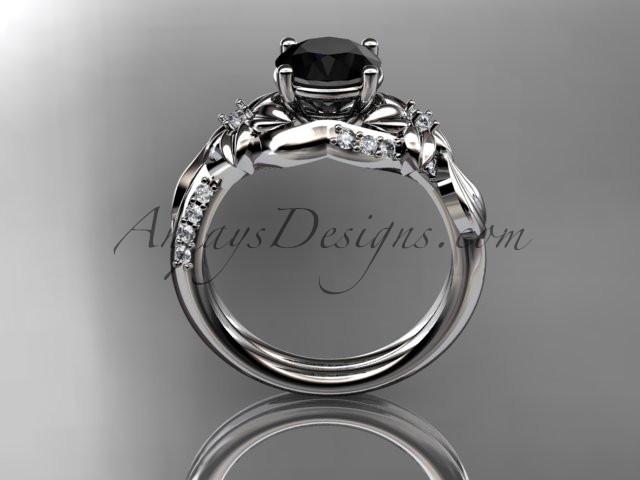 Unique 14k white gold diamond flower, leaf and vine wedding ring, engagement ring with a Black Diamond center stone ADLR224 - AnjaysDesigns