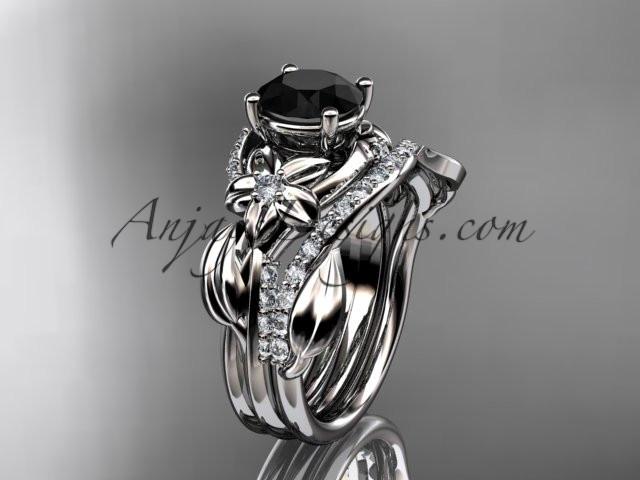 Unique platinum diamond flower, leaf and vine wedding ring, engagement set with a Black Diamond center stone ADLR224S - AnjaysDesigns