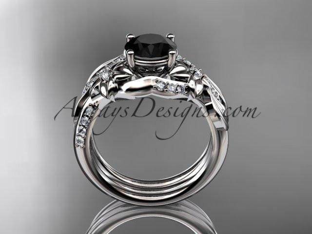 Unique 14k white gold diamond flower, leaf and vine wedding ring, engagement set with a Black Diamond center stone ADLR224S - AnjaysDesigns