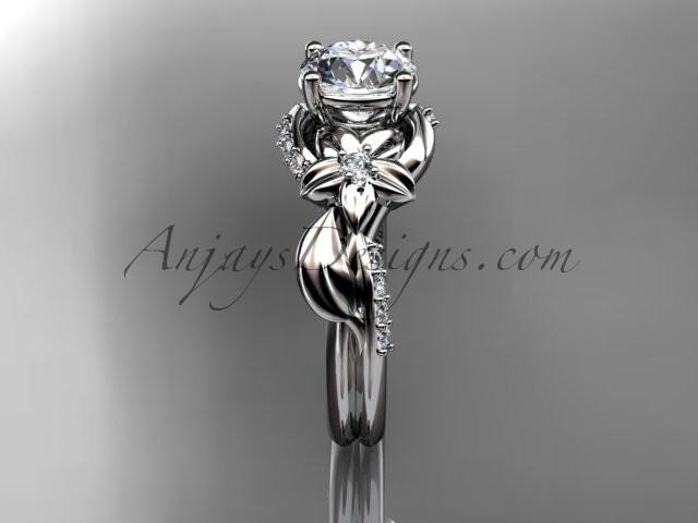 Unique Platinum diamond flower, leaf and vine wedding ring, engagement ring with a "Forever One" Moissanite center stone ADLR224 - AnjaysDesigns