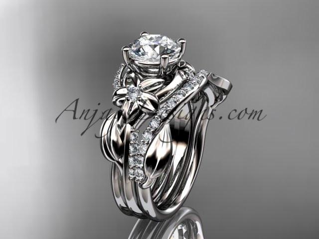 Unique 14k white gold diamond flower, leaf and vine wedding ring, engagement set ADLR224S - AnjaysDesigns