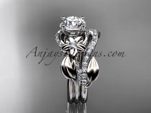 Unique platinum diamond flower, leaf and vine wedding ring, engagement set ADLR224S - AnjaysDesigns