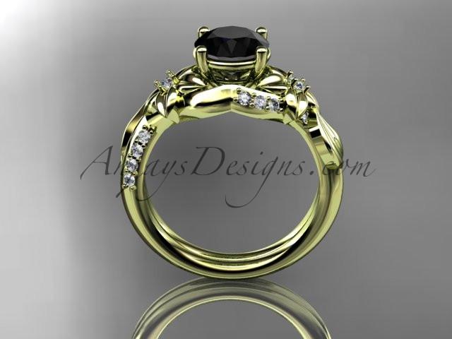 Unique 14k yellow gold diamond flower, leaf and vine wedding ring, engagement ring with a Black Diamond center stone ADLR224 - AnjaysDesigns