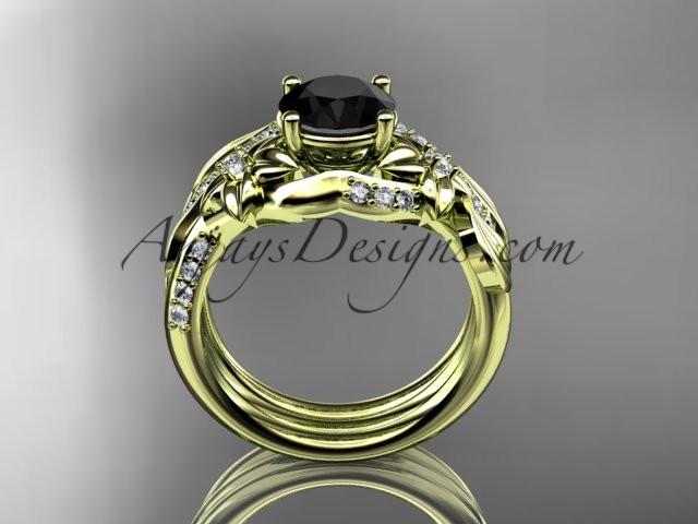 Unique 14k yellow gold diamond flower, leaf and vine wedding ring, engagement set with a Black Diamond center stone ADLR224S - AnjaysDesigns