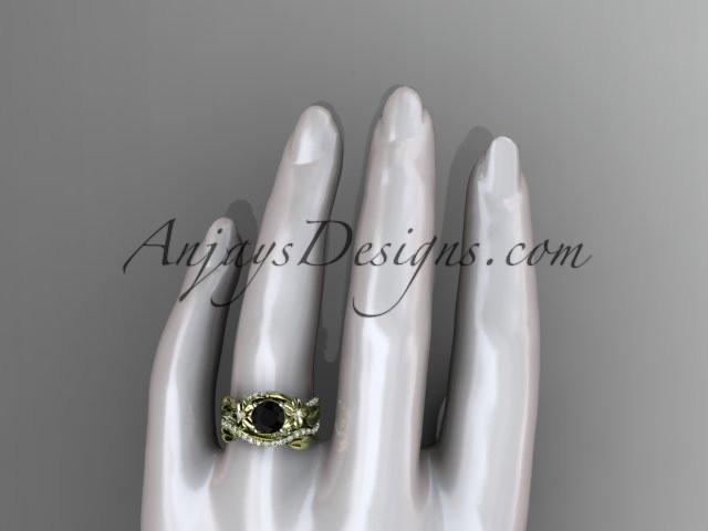 Unique 14k yellow gold diamond flower, leaf and vine wedding ring, engagement set with a Black Diamond center stone ADLR224S - AnjaysDesigns