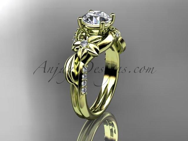Unique 14k yellow gold diamond flower, leaf and vine wedding ring, engagement ring ADLR224 - AnjaysDesigns