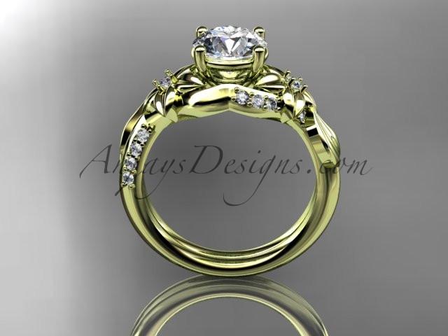 Unique 14k yellow gold diamond flower, leaf and vine wedding ring, engagement ring with a "Forever One" Moissanite center stone ADLR224 - AnjaysDesigns