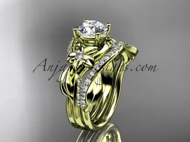 Unique 14k yellow gold diamond flower, leaf and vine wedding ring, engagement set with a "Forever One" Moissanite center stone ADLR224S - AnjaysDesigns