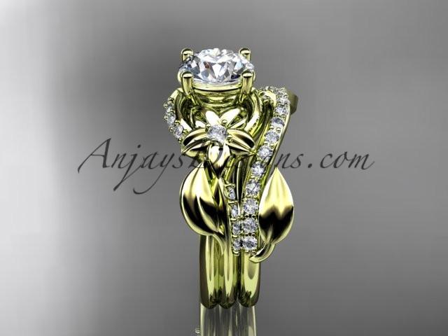 Unique 14k yellow gold diamond flower, leaf and vine wedding ring, engagement set with a "Forever One" Moissanite center stone ADLR224S - AnjaysDesigns