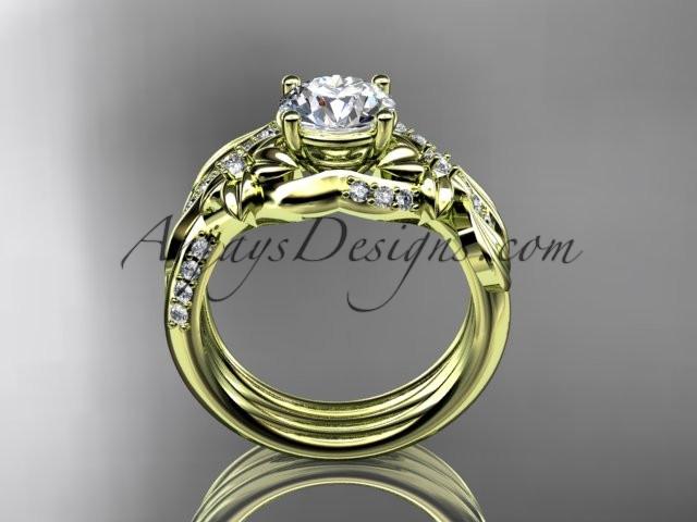 Unique 14k yellow gold diamond flower, leaf and vine wedding ring, engagement set with a "Forever One" Moissanite center stone ADLR224S - AnjaysDesigns