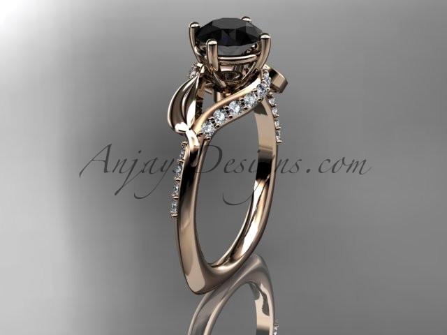 Unique 14k rose gold diamond leaf and vine wedding ring, engagement ring with a Black Diamond center stone ADLR225 - AnjaysDesigns