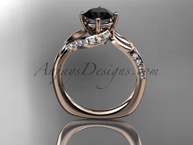 Unique 14k rose gold diamond leaf and vine wedding ring, engagement ring with a Black Diamond center stone ADLR225 - AnjaysDesigns