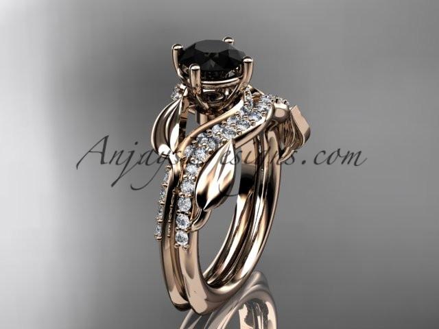 Unique 14k rose gold diamond leaf wedding ring, engagement set with a Black Diamond center stone ADLR225S - AnjaysDesigns