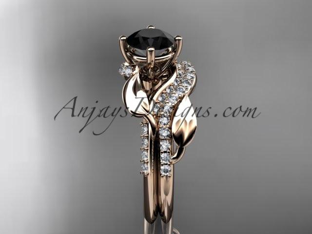 Unique 14k rose gold diamond leaf wedding ring, engagement set with a Black Diamond center stone ADLR225S - AnjaysDesigns