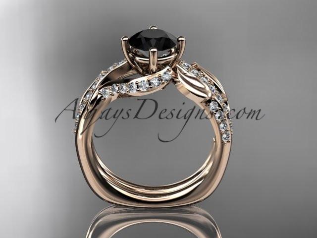 Unique 14k rose gold diamond leaf wedding ring, engagement set with a Black Diamond center stone ADLR225S - AnjaysDesigns