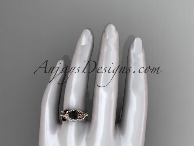 Unique 14k rose gold diamond leaf wedding ring, engagement set with a Black Diamond center stone ADLR225S - AnjaysDesigns