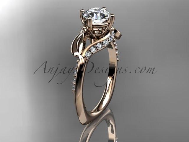 Unique 14k rose gold diamond leaf and vine wedding ring, engagement ring with a "Forever One" Moissanite center stone ADLR225 - AnjaysDesigns