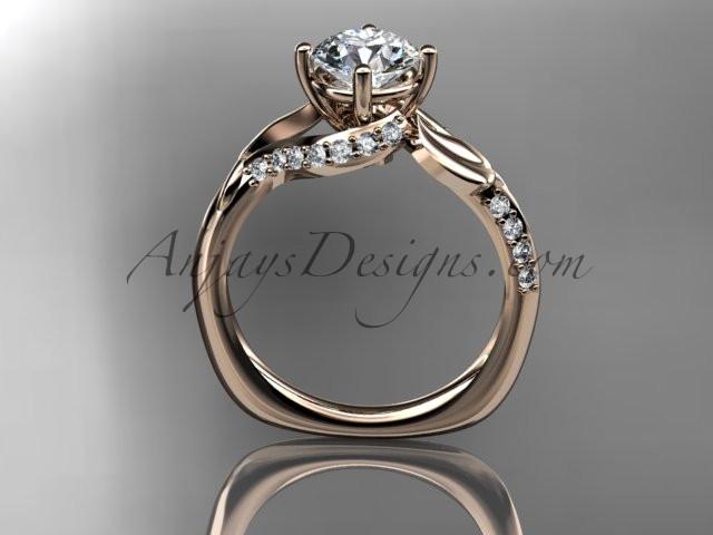 Unique 14k rose gold diamond leaf and vine wedding ring, engagement ring with a "Forever One" Moissanite center stone ADLR225 - AnjaysDesigns