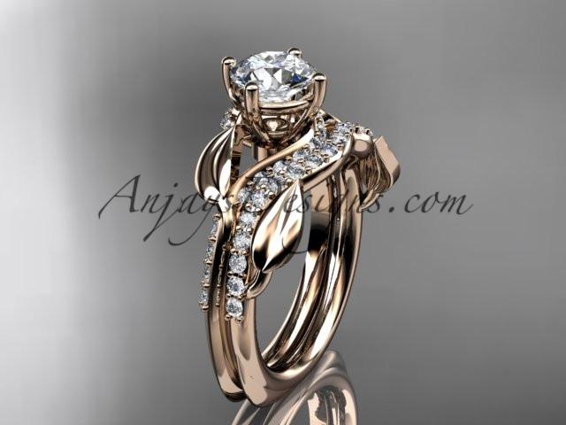 Unique 14k rose gold diamond leaf wedding ring, engagement set with a "Forever One" Moissanite center stone ADLR225S - AnjaysDesigns