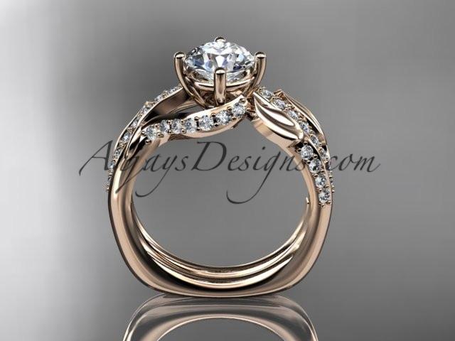 Unique 14k rose gold diamond leaf wedding ring, engagement set with a "Forever One" Moissanite center stone ADLR225S - AnjaysDesigns